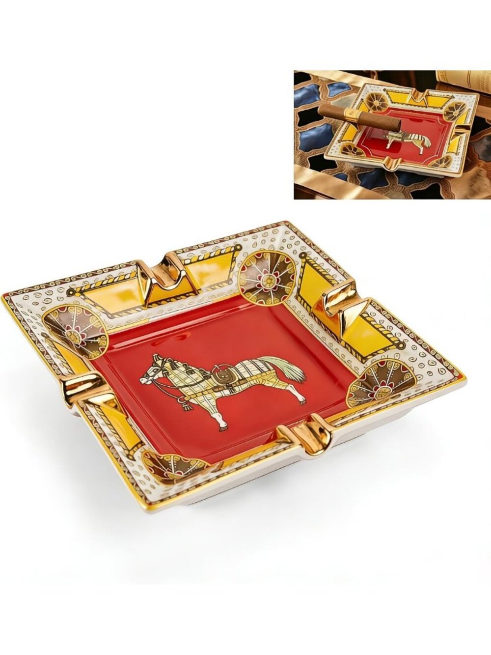 Retro Ceramic Cigar Ashtray - Large Red Cigarette Tray for Home & Travel Use